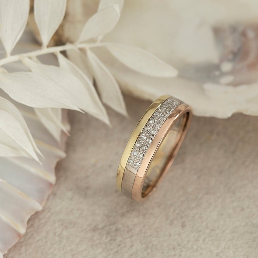 Tricolour gouden ring met diamant 14 karaat