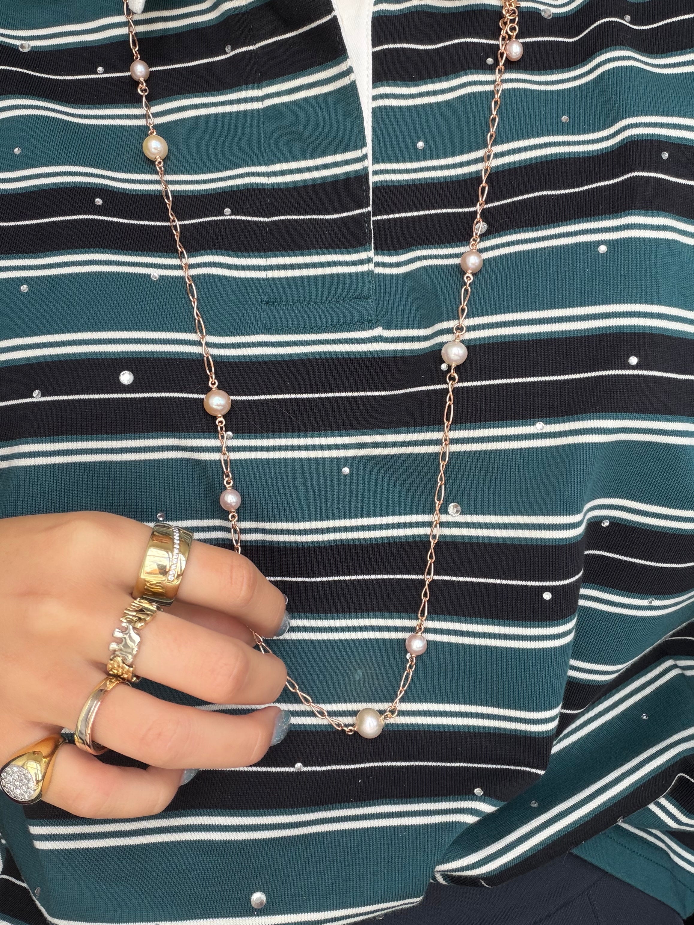 Rosegouden collier met parels 88-91 cm 14 karaat