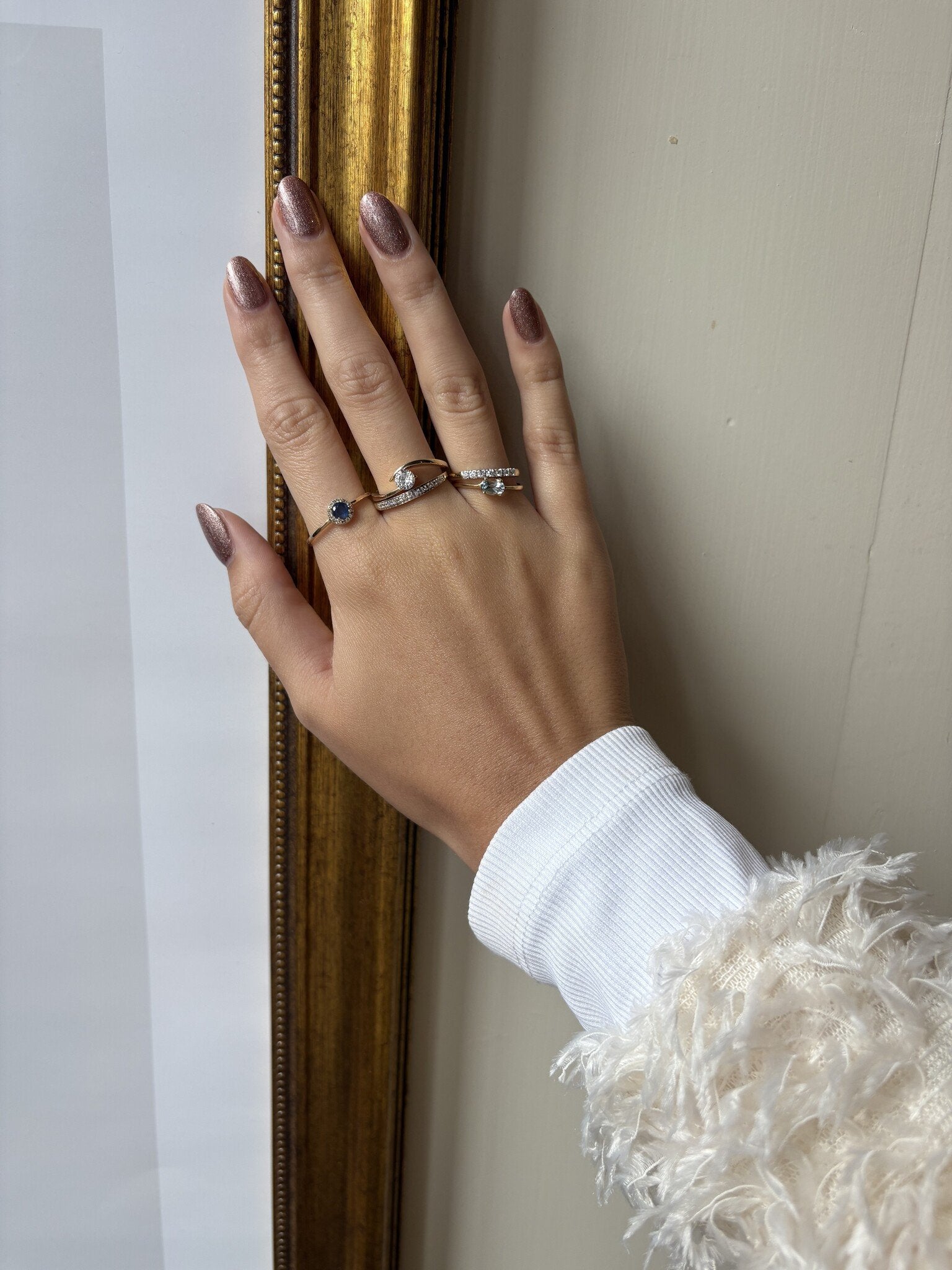 Gold entourage ring with sapphire and diamond 14 karat* new