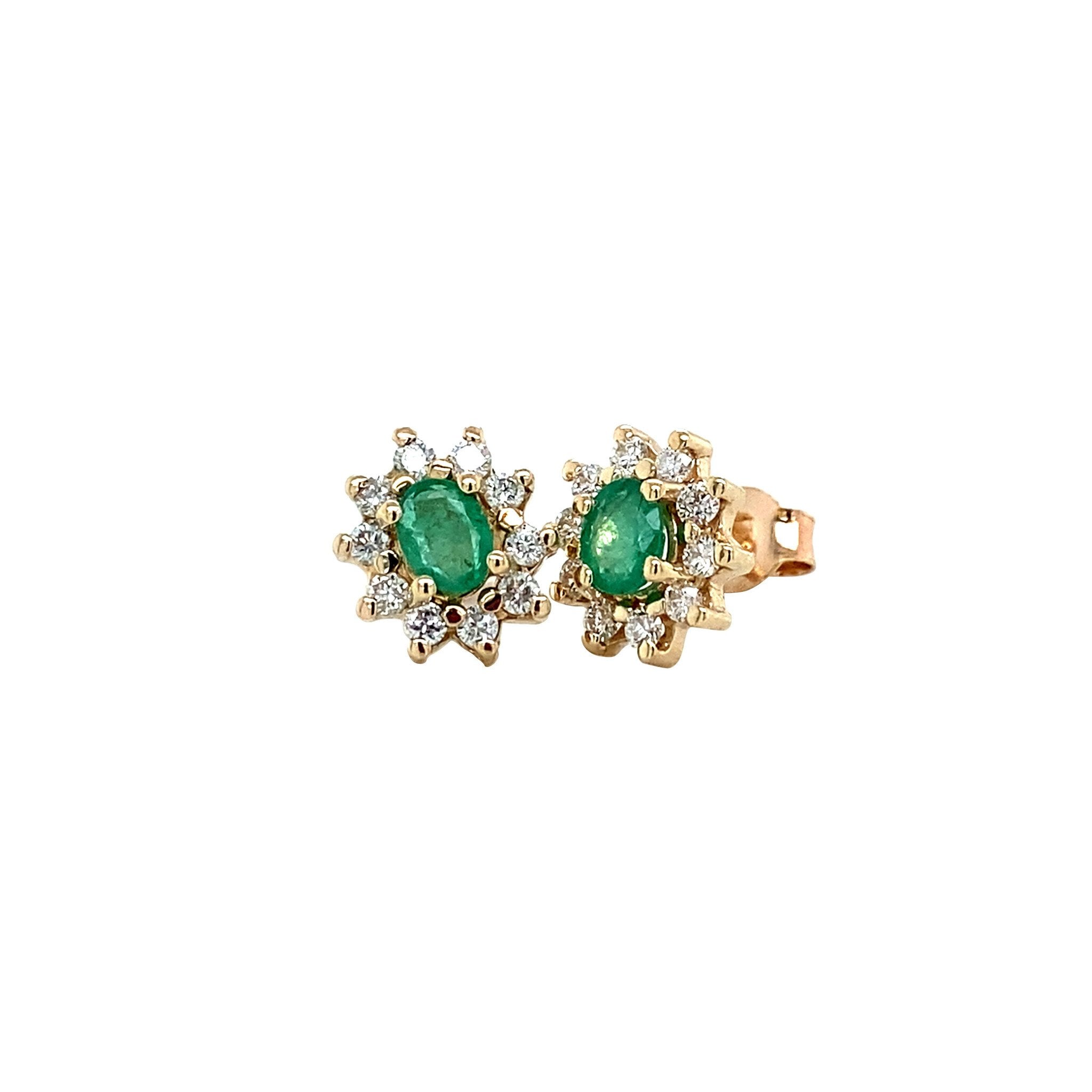 Gold entourage stud earrings with diamond and emerald 14 karat* New