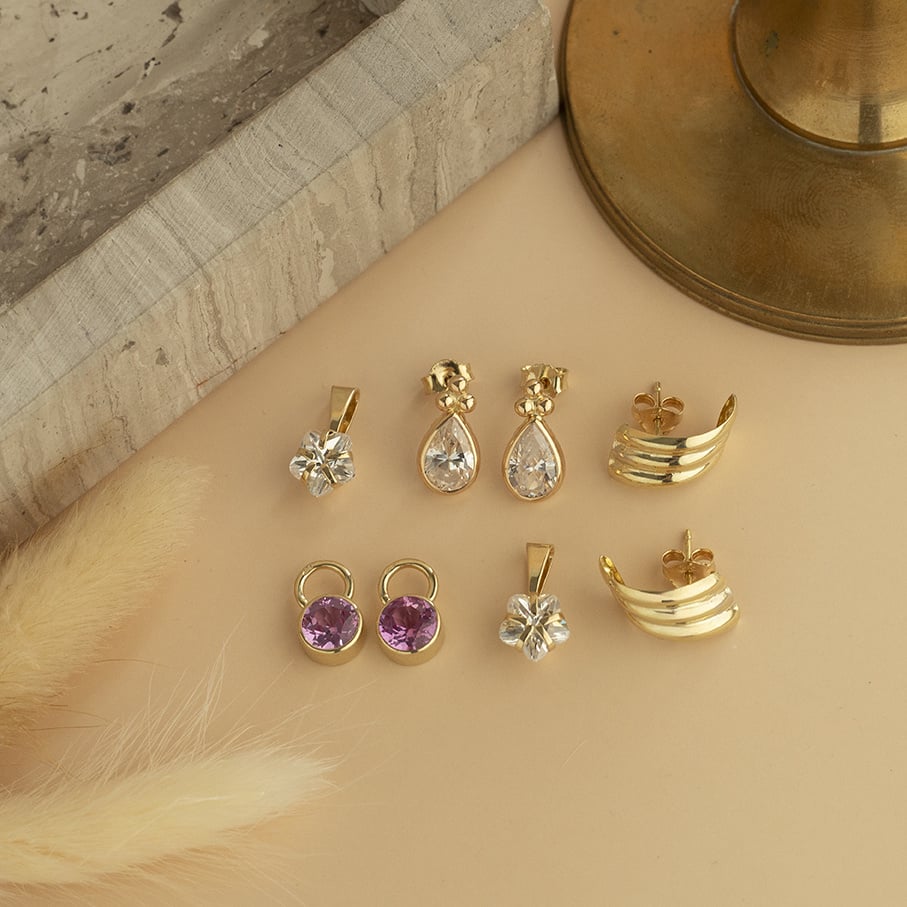 Gold creole pendants with pink zirconia 14 karat