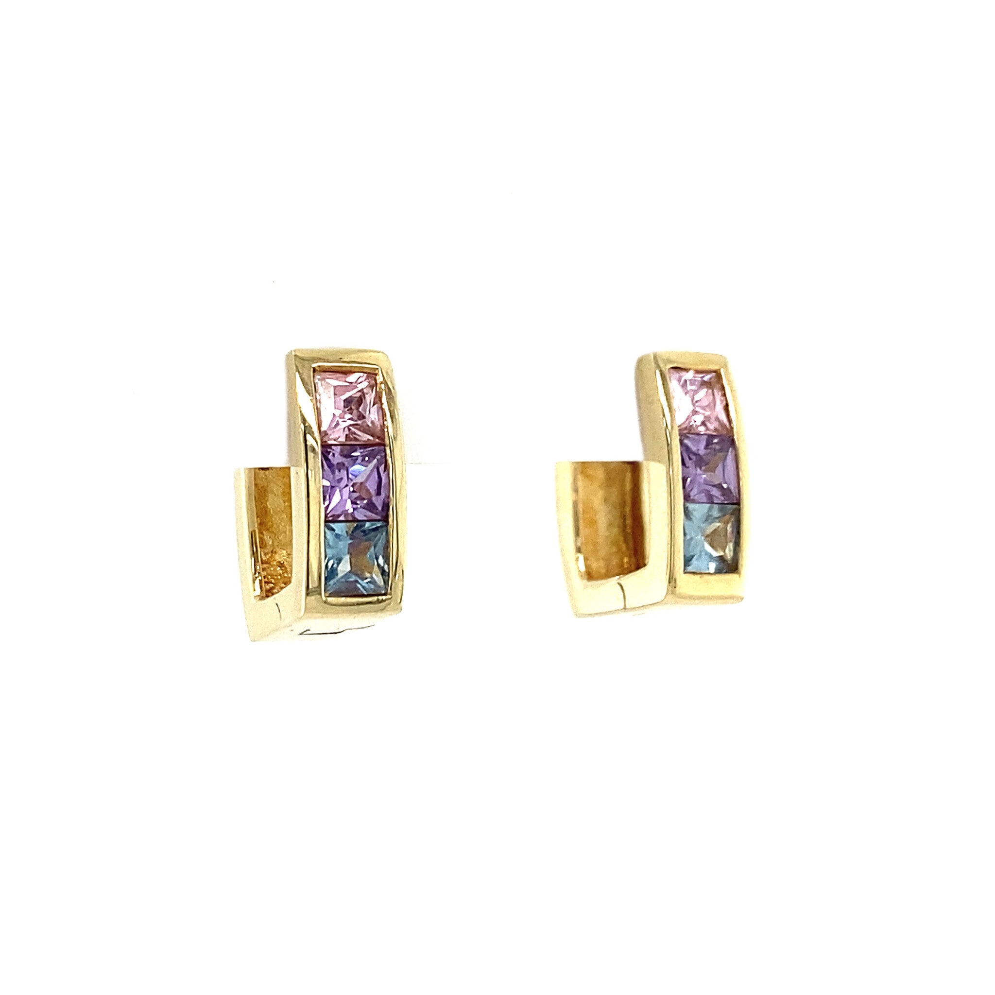 Gold hinged hoop earrings with colored stone 14 kt