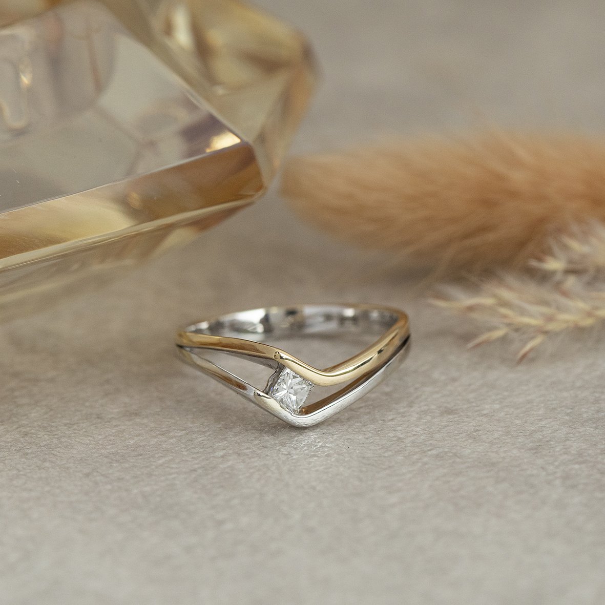 Gold ring with princess-cut diamond 14 karat