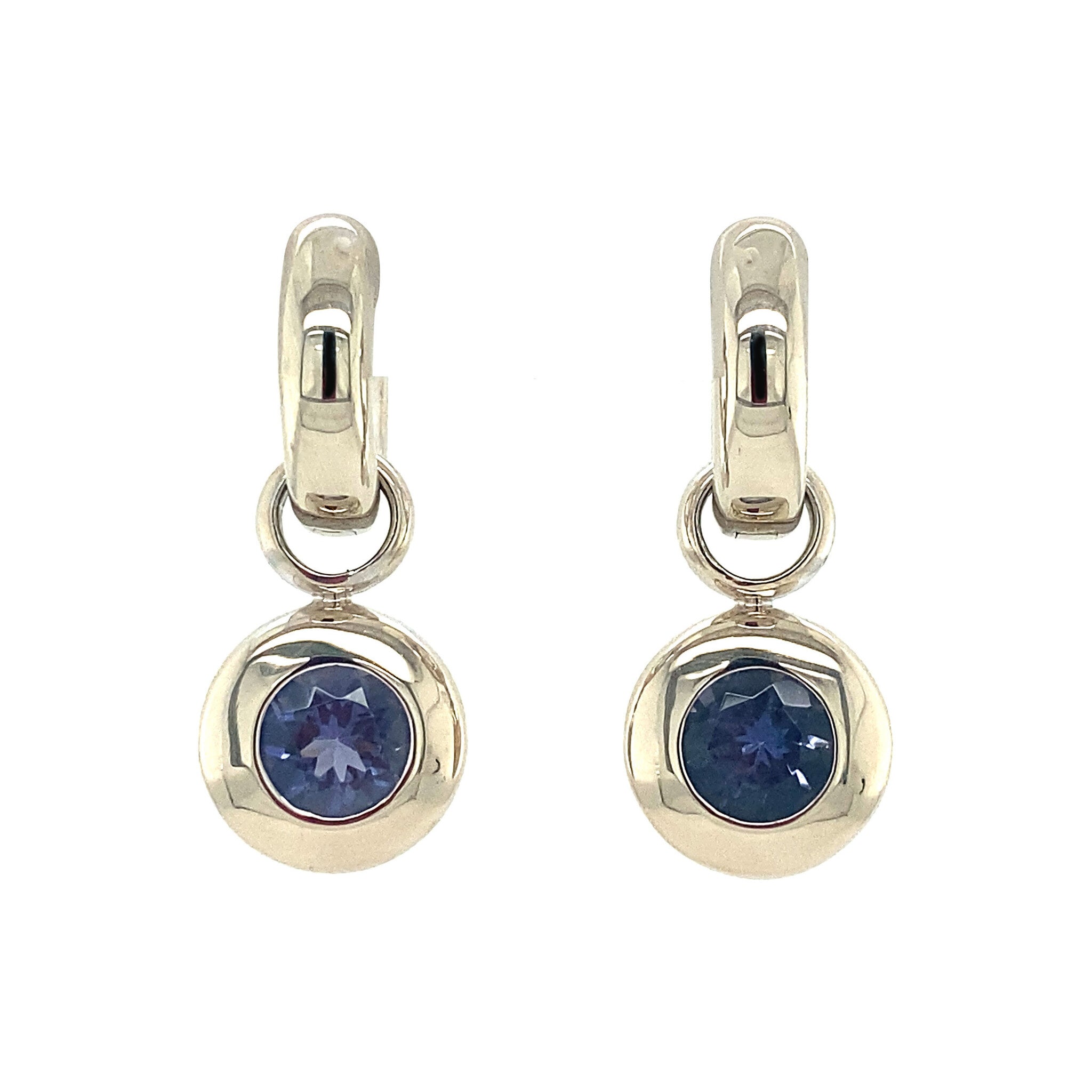 White gold hinged hoop earrings with iolite from Bron Jewelry 14 kt