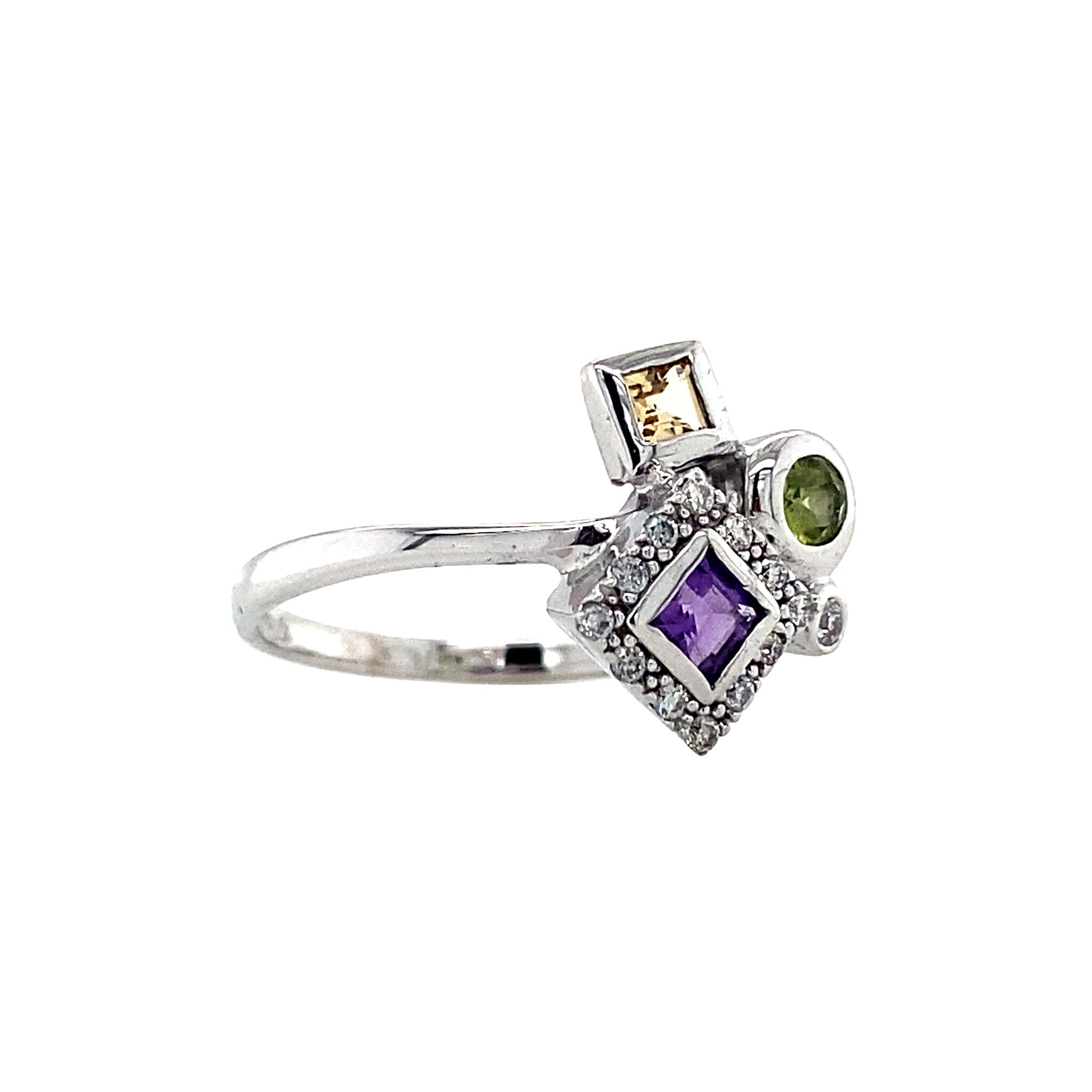 White gold ring with diamond and colored gemstones 14 kt