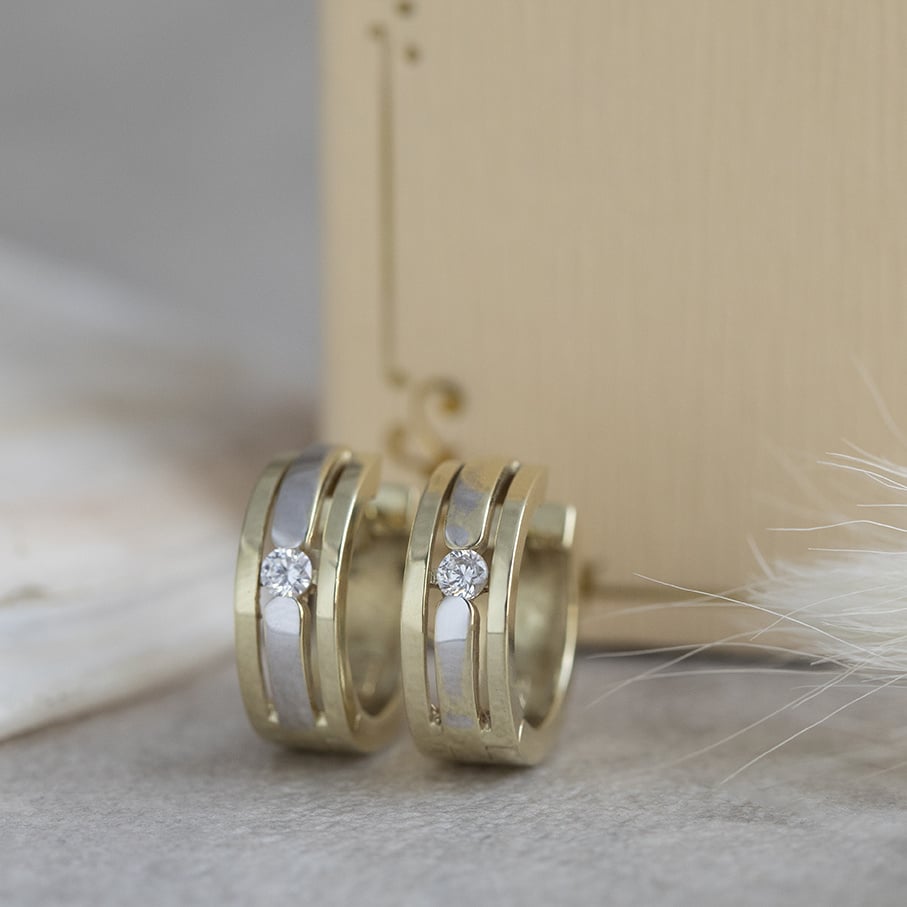 Gold hinged hoop earrings with zirconia 14 karat