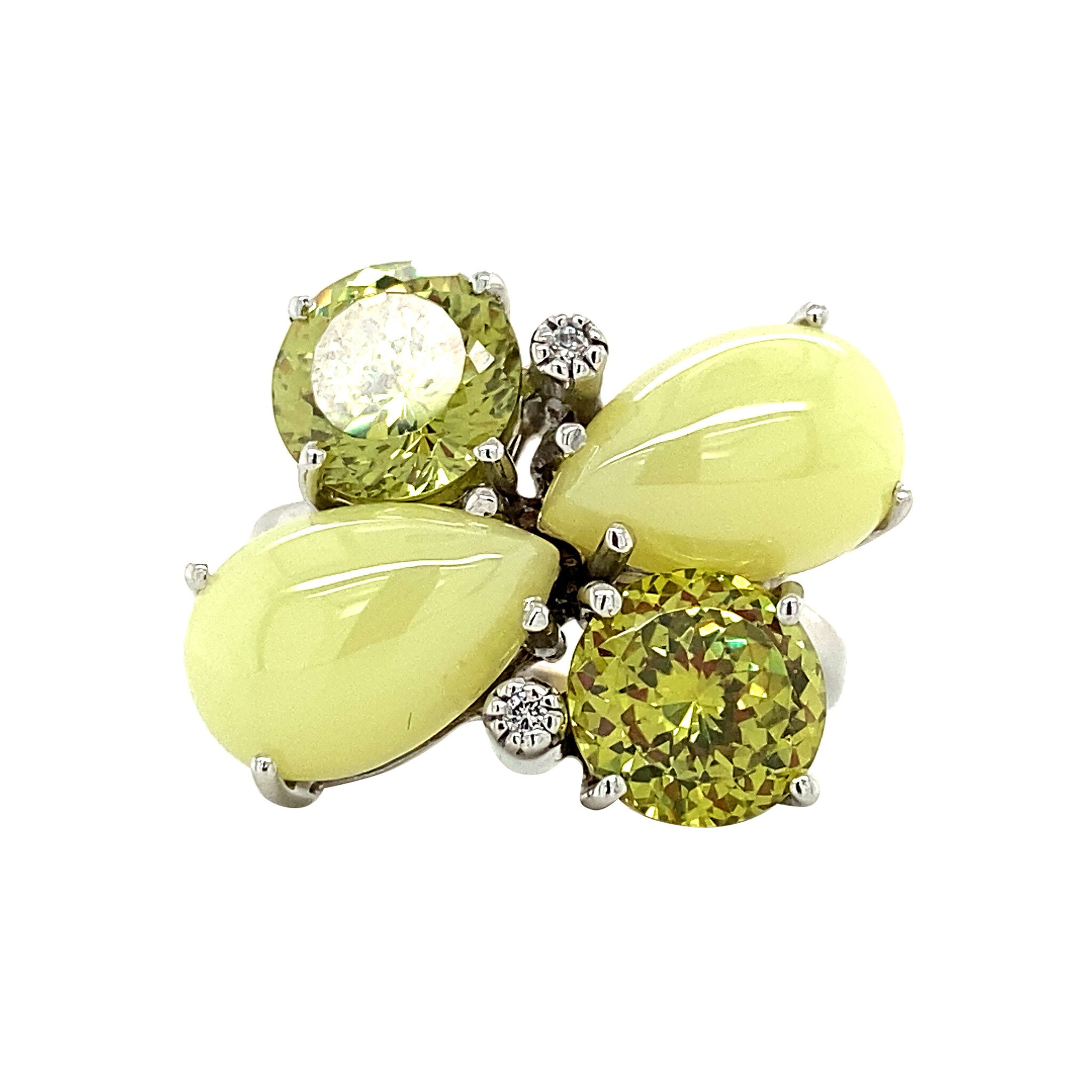 White gold ring with green gemstone and diamond 18 kt