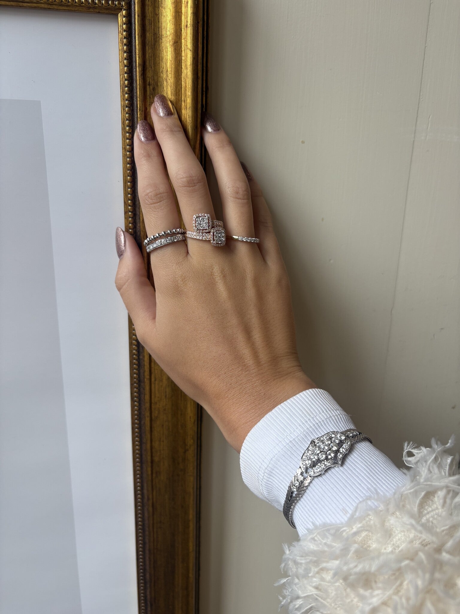 White gold row ring with diamond 14 karat