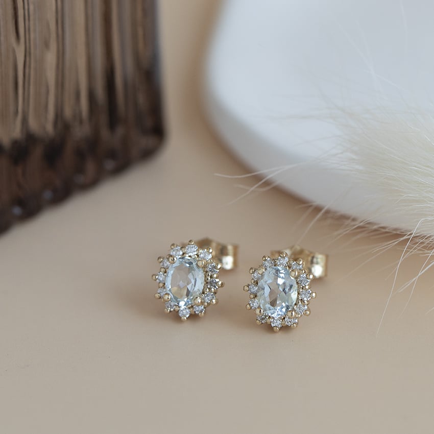 Gold halo stud earrings with topaz and diamond 14 karat* new