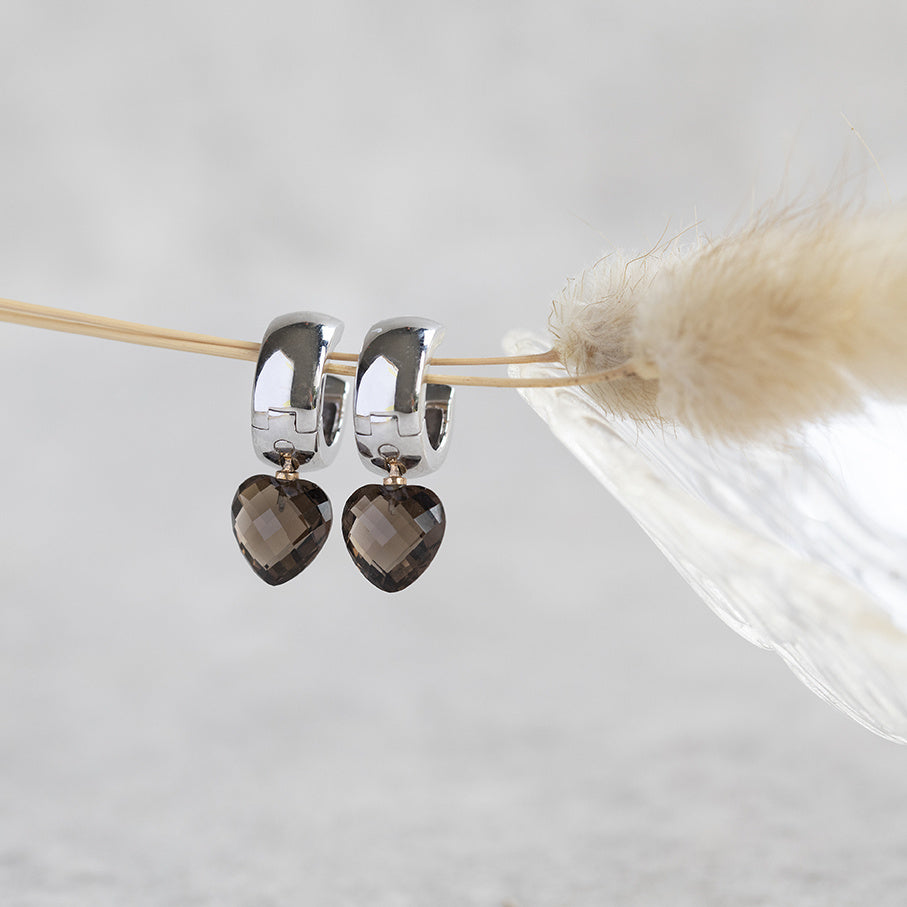 White gold hinged hoop earrings with smoky topaz 18 kt