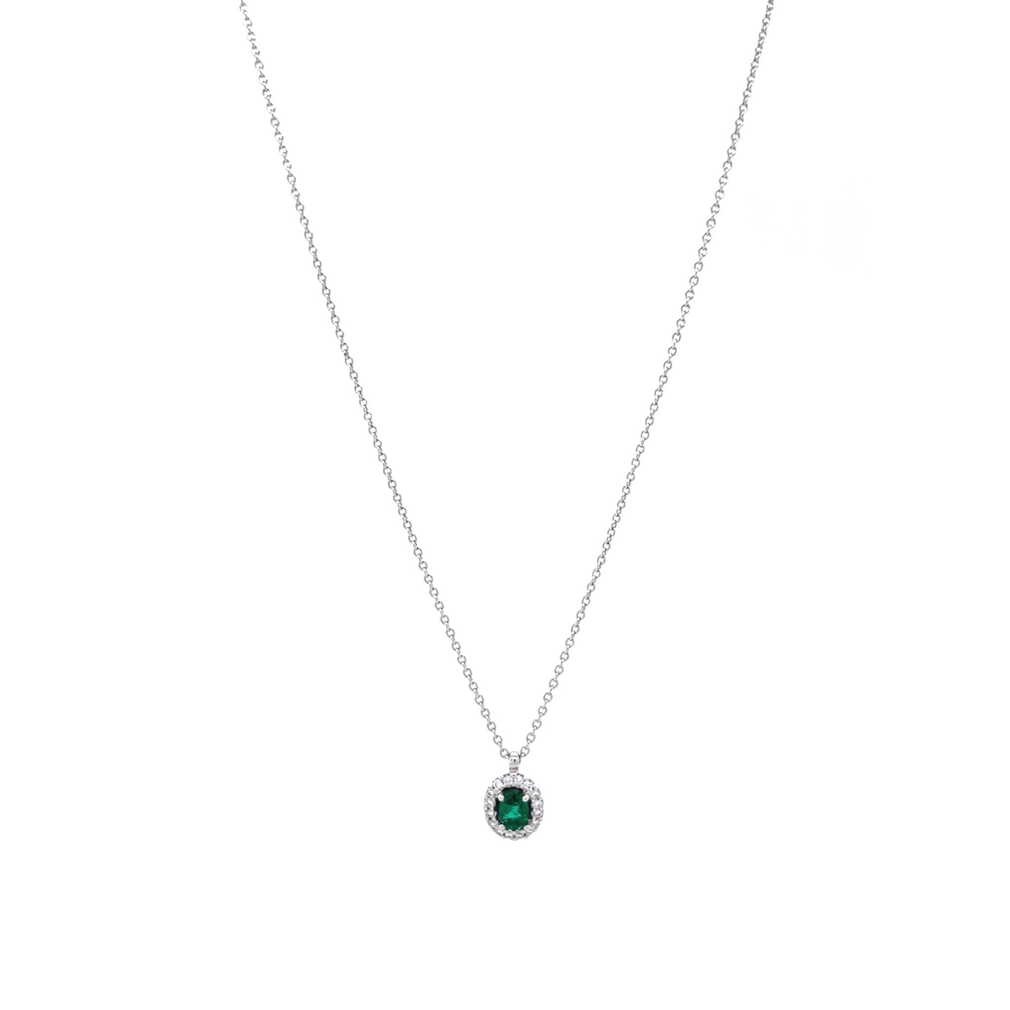 White gold entourage necklace with emerald and diamond 14 kt