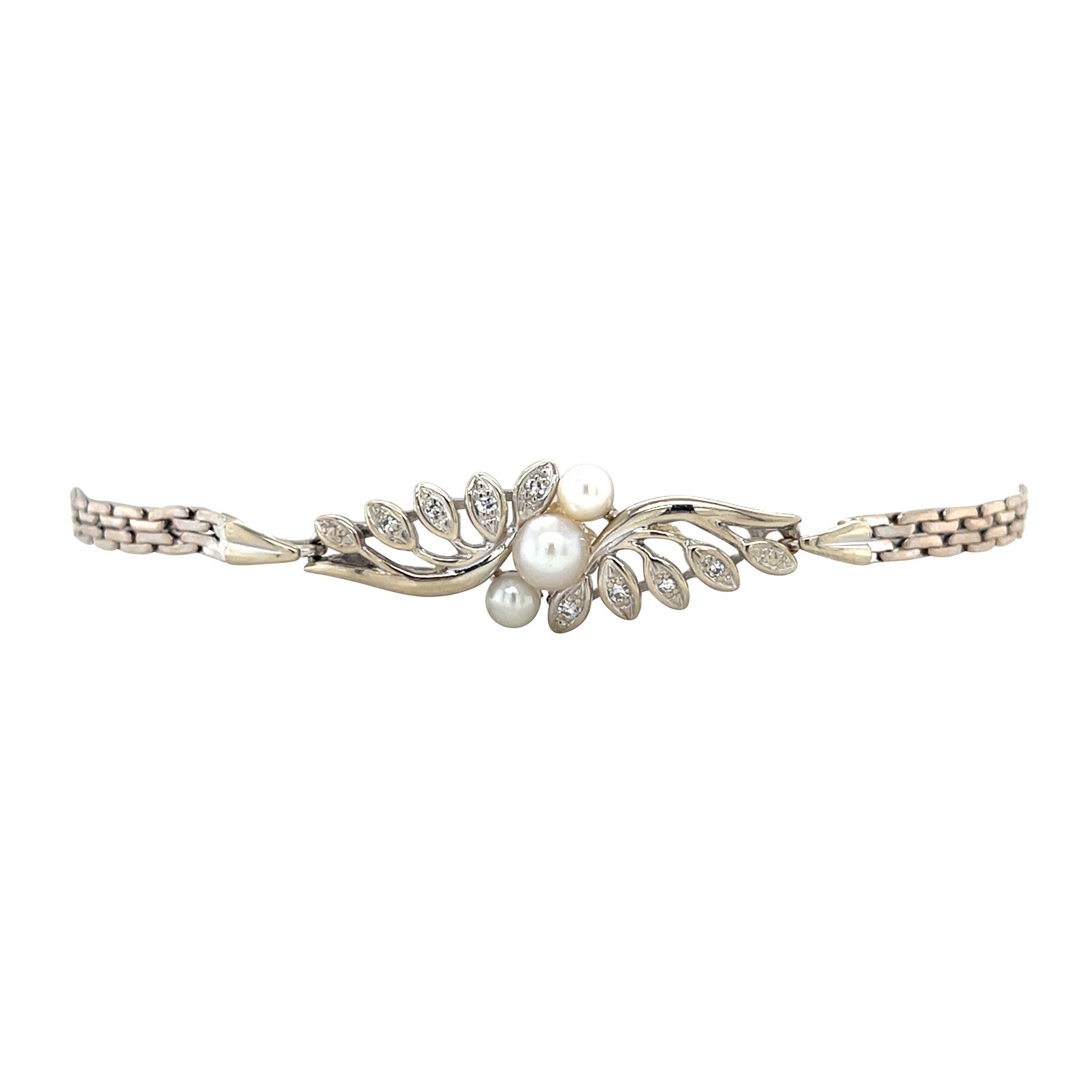 White gold bracelet with pearl and diamond 17.5 cm 14 kt