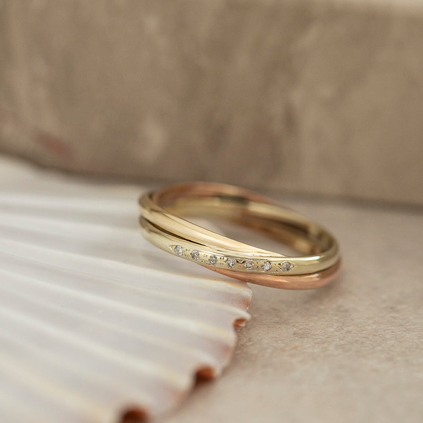 Tricolour gouden ring met diamant 14 karaat