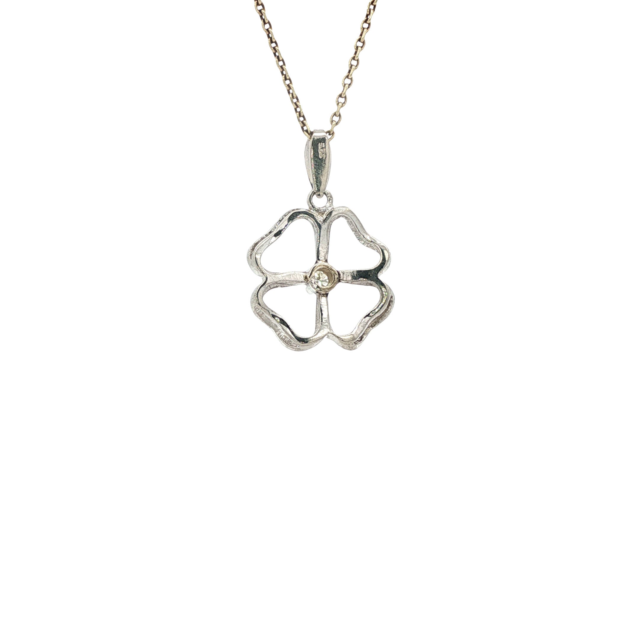 14-karat white gold four-leaf clover pendant with diamond