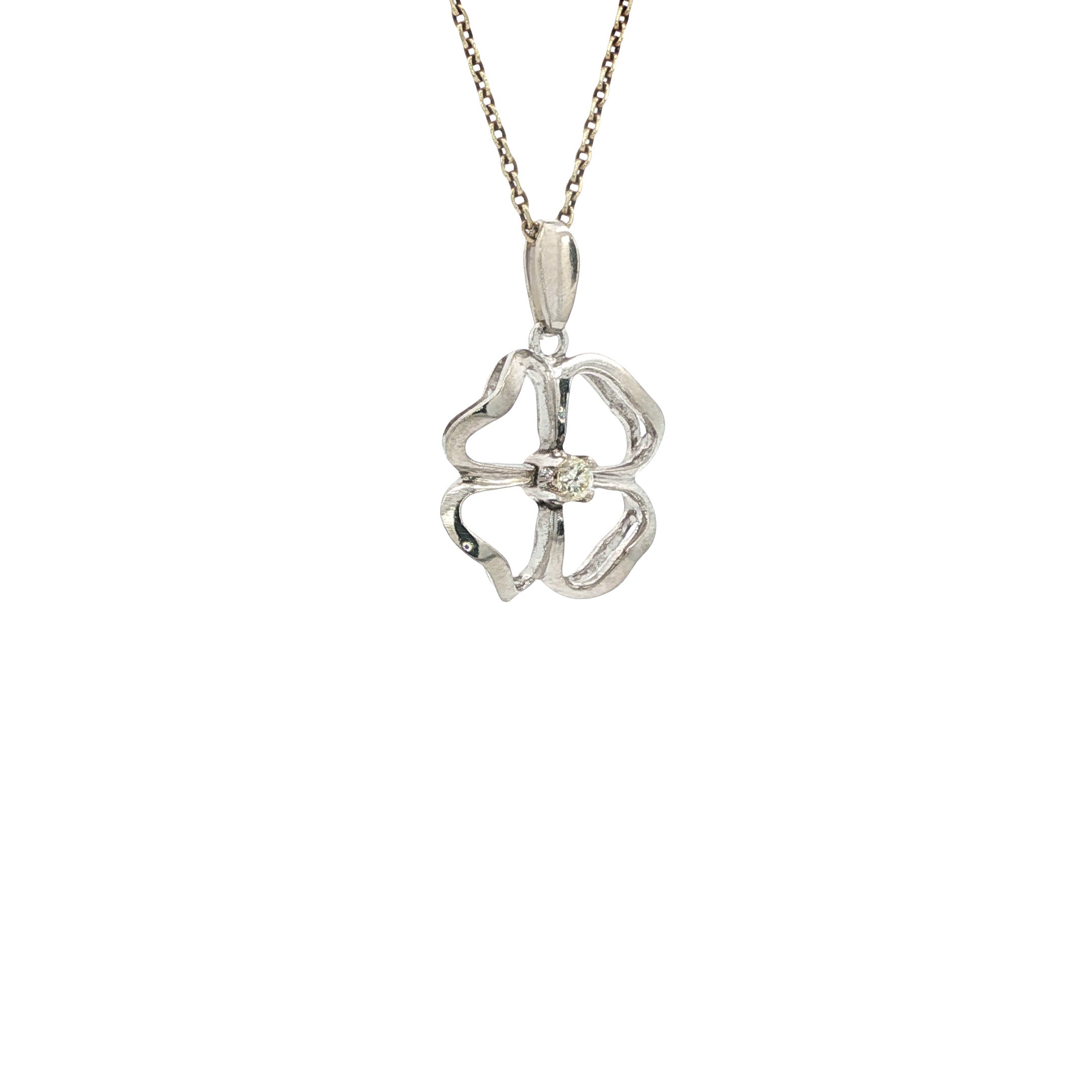 14-karat white gold four-leaf clover pendant with diamond