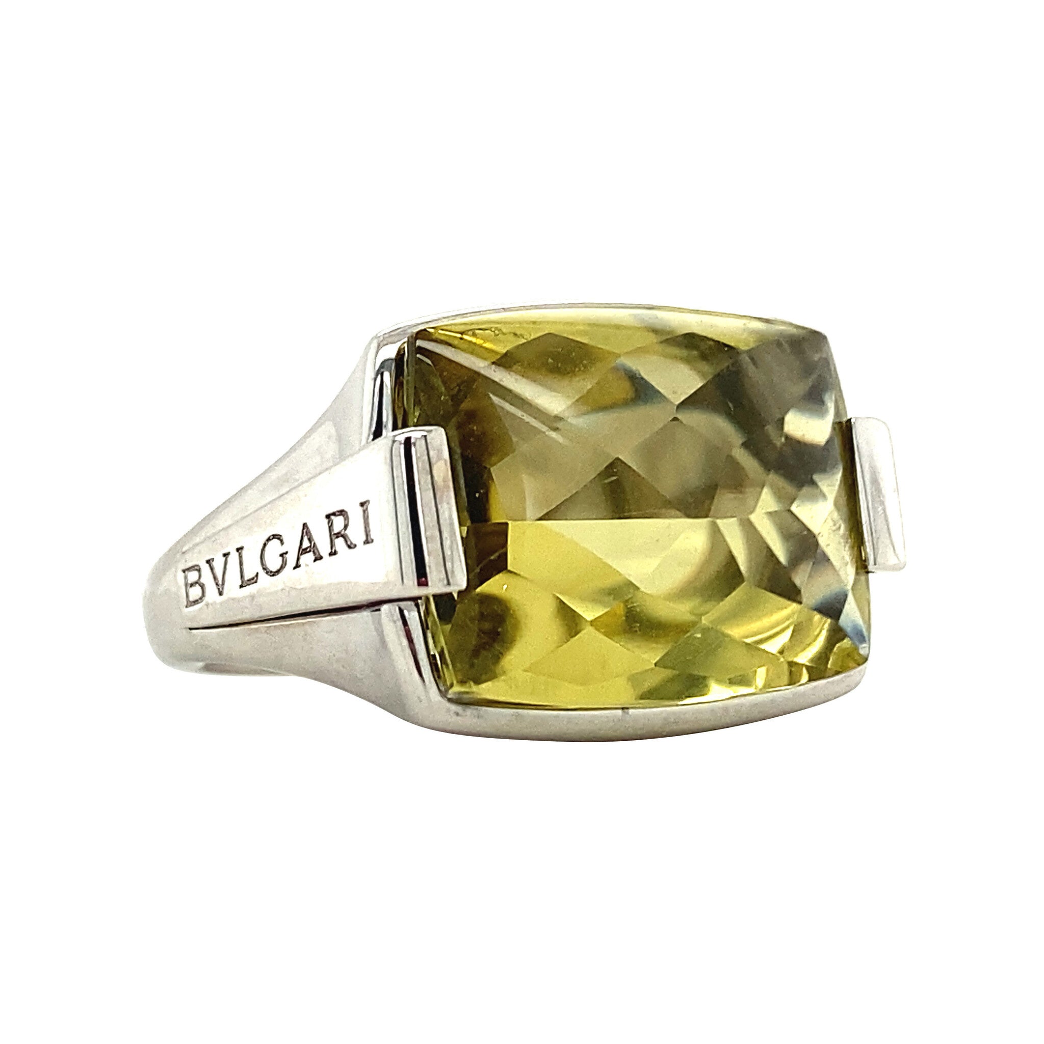 White gold Bvlgari statement ring with yellow citrine lemon quartz 18 kt