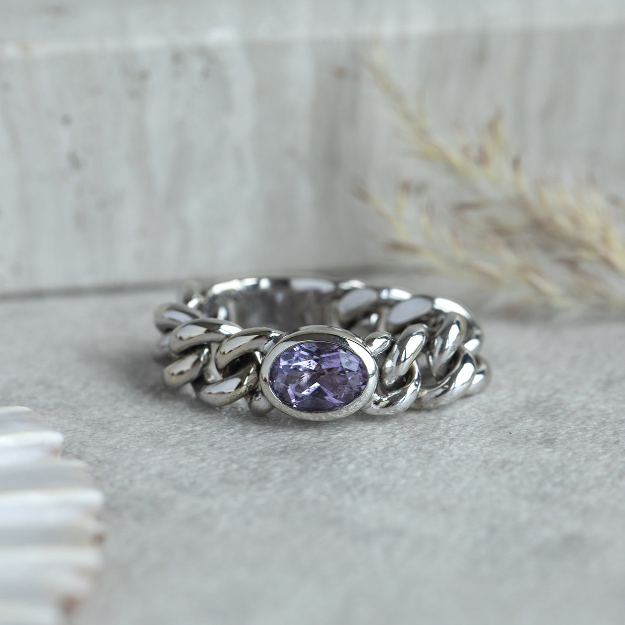 White gold ring with amethyst by Bron Jewelry 14 kt