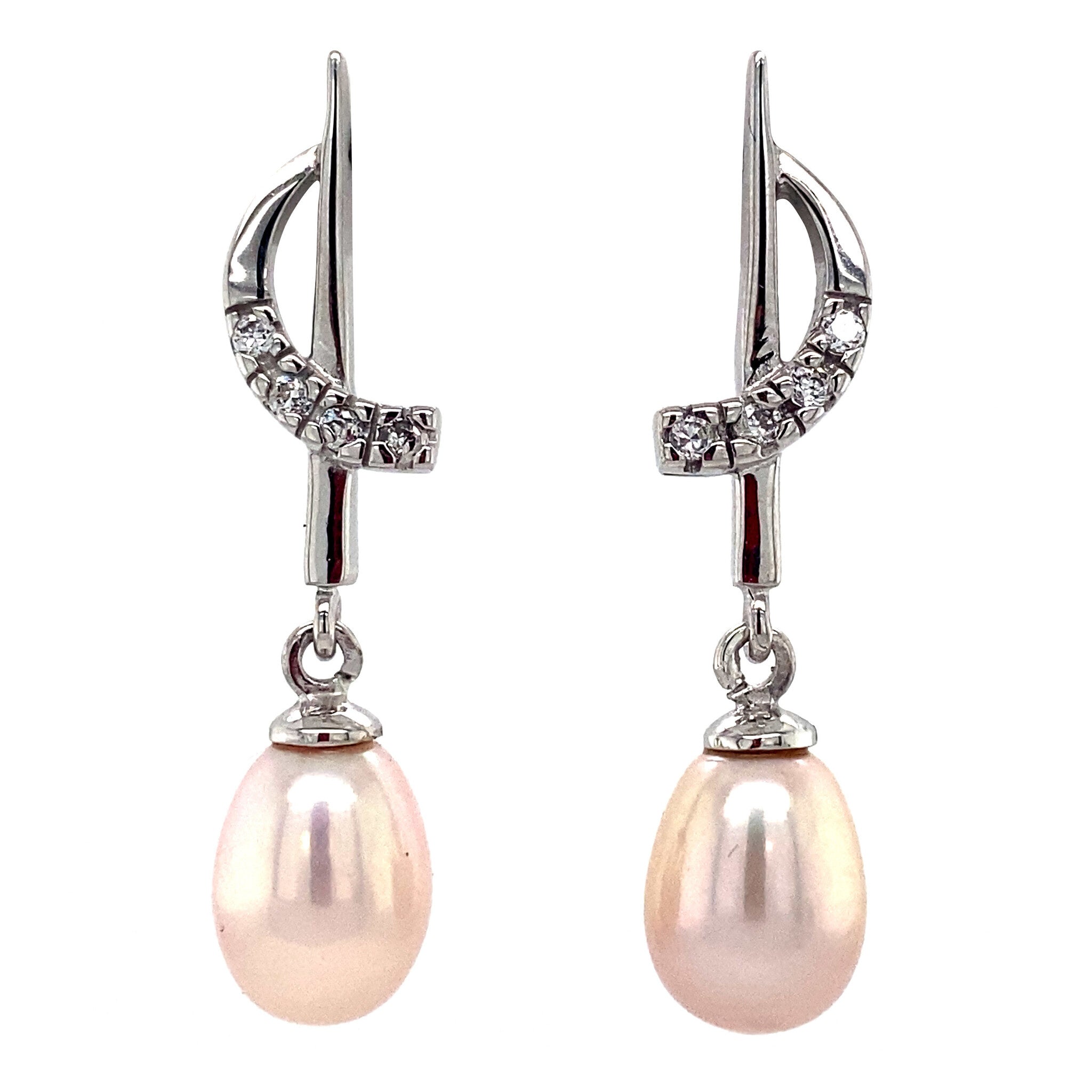 White gold stud earrings with pearl and zirconia 14 kt