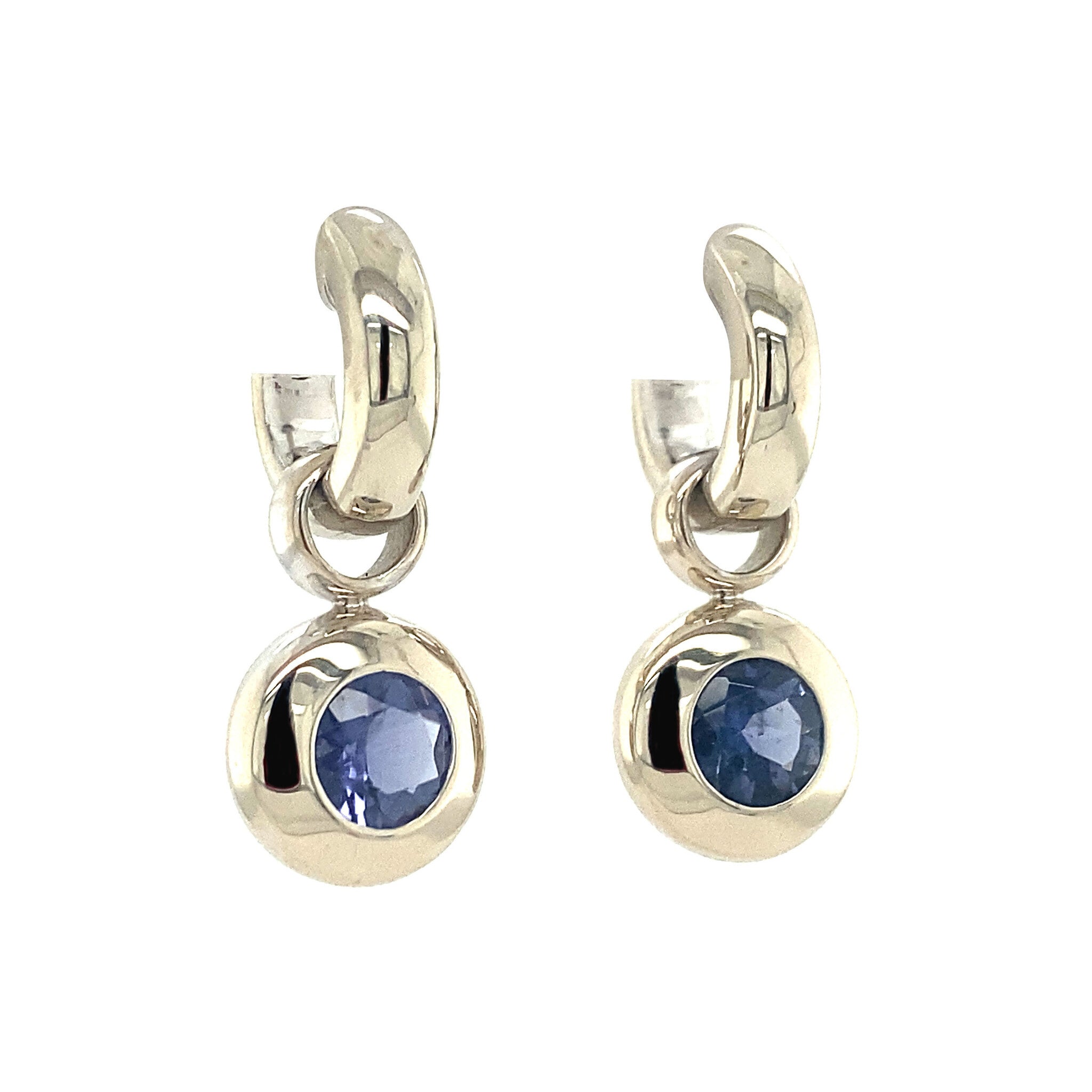 White gold hinged hoop earrings with iolite from Bron Jewelry 14 kt