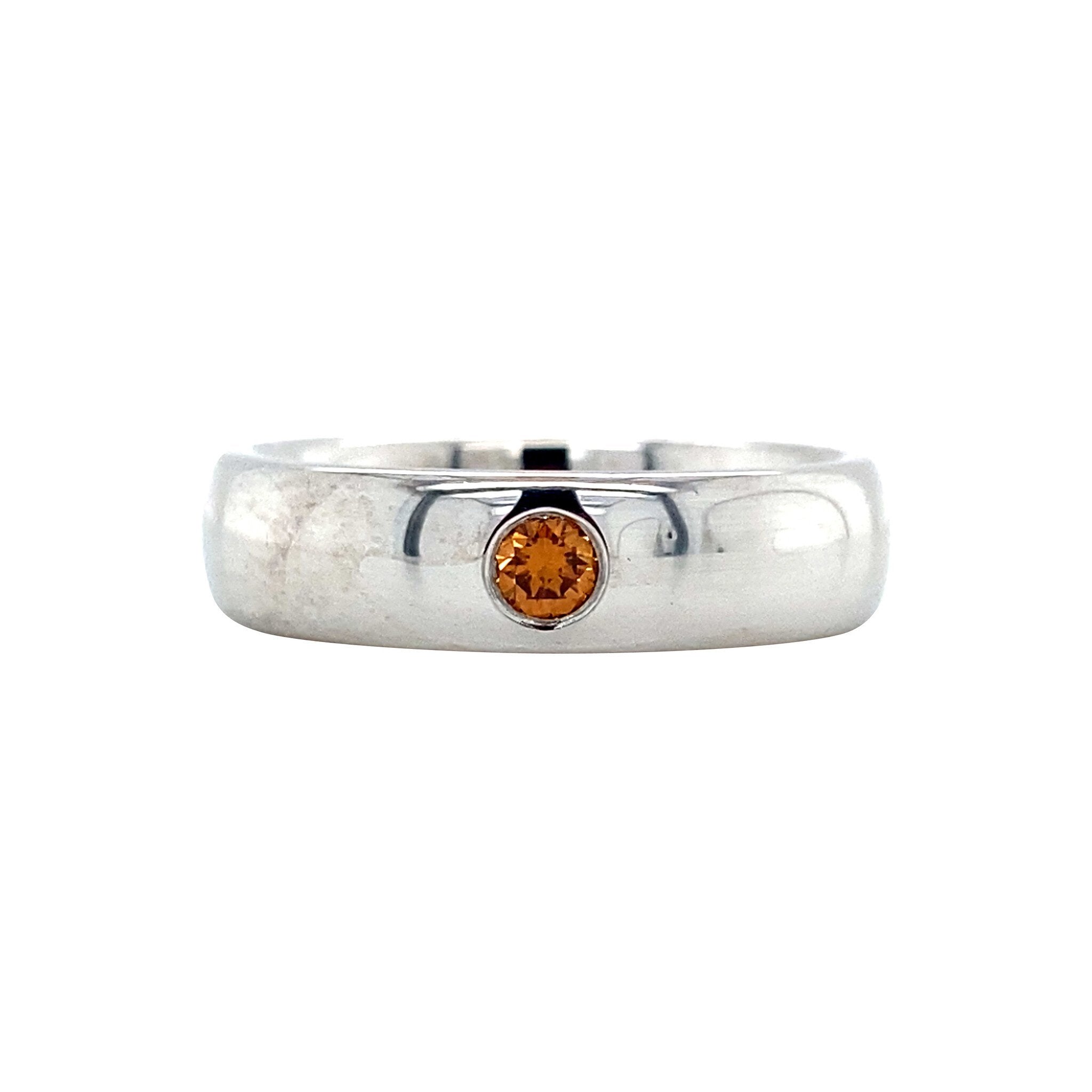 White gold smooth ring with orange/brown diamond 14 karat