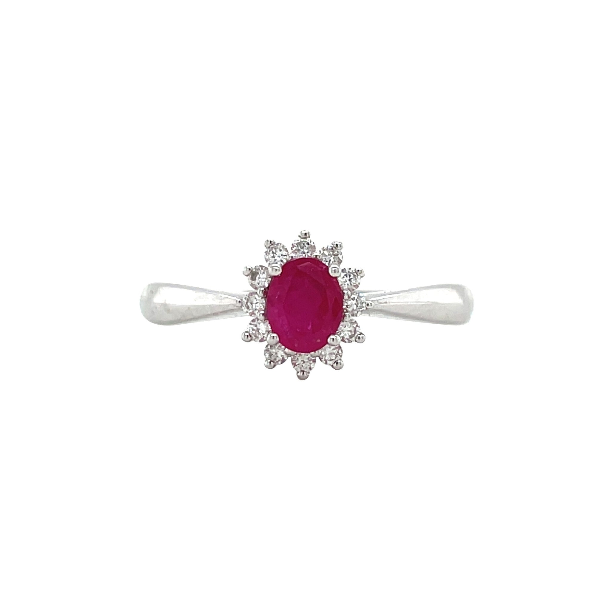 White gold entourage ring with ruby and diamond 14 kt